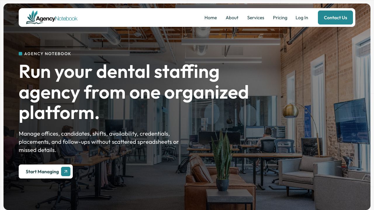 Agency Notebook live website hero