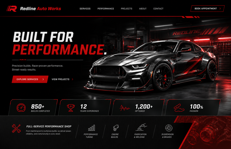 Redline Auto Works website concept